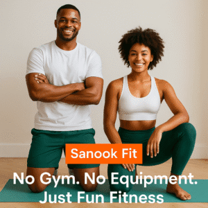 Two smiling people in teal activewear ready for a no-equipment Sanook Fit home workout.
