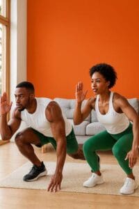 Two smiling people in teal activewear ready for a no-equipment Sanook Fit home workout.