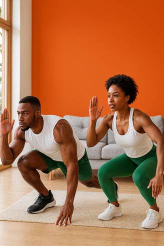 Two smiling people in teal activewear ready for a no-equipment Sanook Fit home workout.