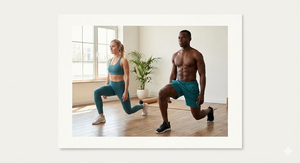 A person performing alternating bodyweight lunges to build balance and lower-body strength at home.