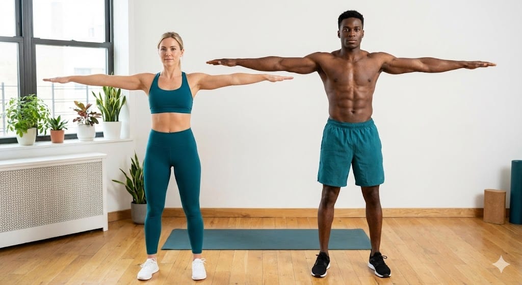 Person doing arm circles for shoulder mobility at home with no equipment