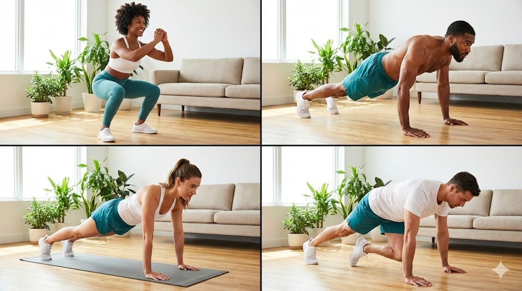 Diverse people doing bodyweight squats, push-ups and planks at home, showing how bodyweight training builds real strength without equipment