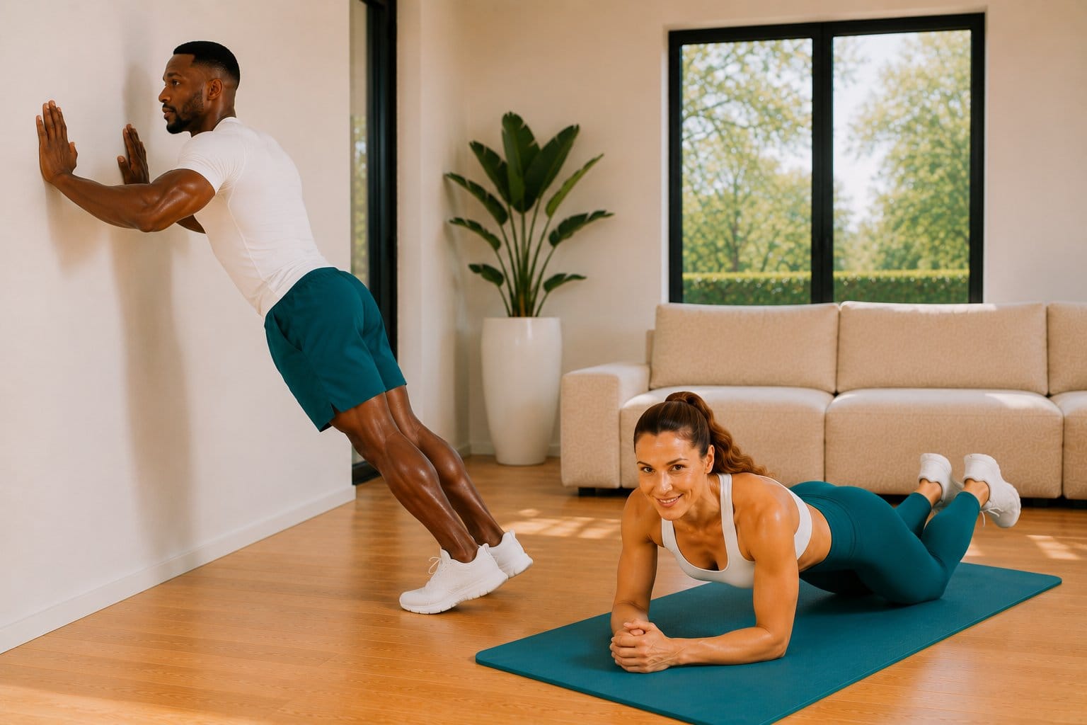 A man and woman track fitness progress without a scale during a home workout.