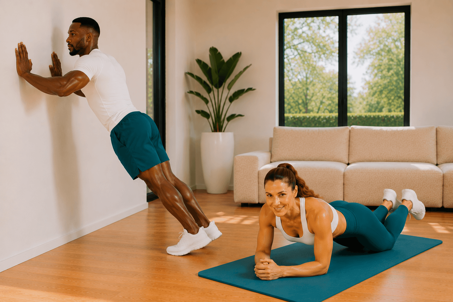 Man and woman performing a beginner bodyweight workout at home.