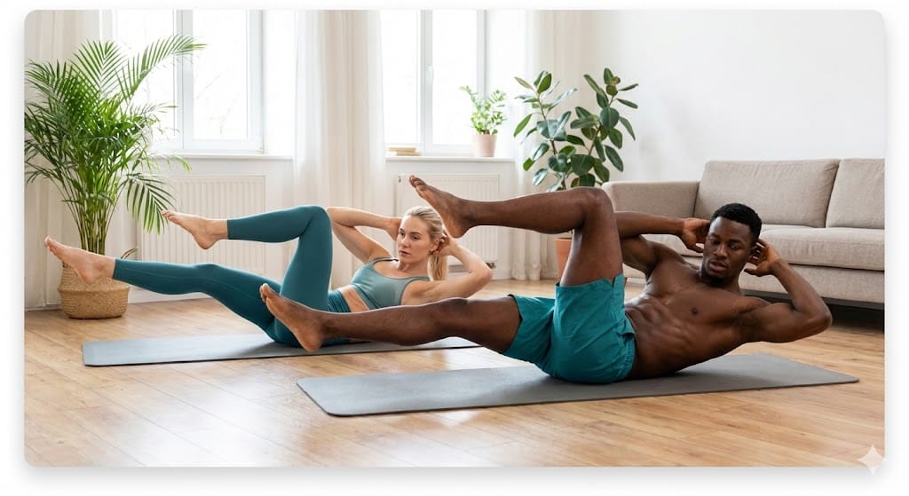Two people performing a controlled lower-ab crunch movement on mats in a bright living room