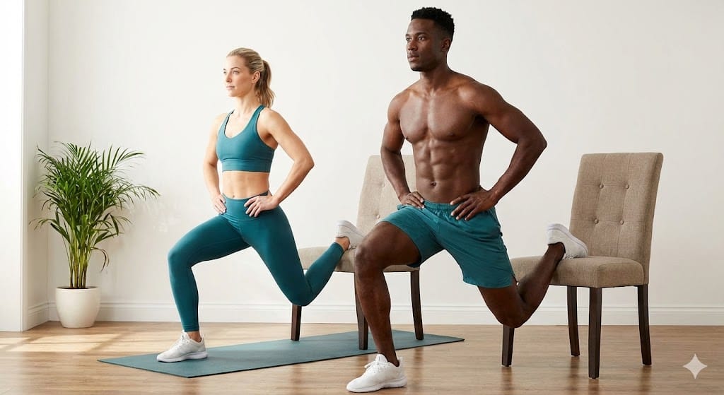 Person performing a single-leg Bulgarian split squat at home with no equipment