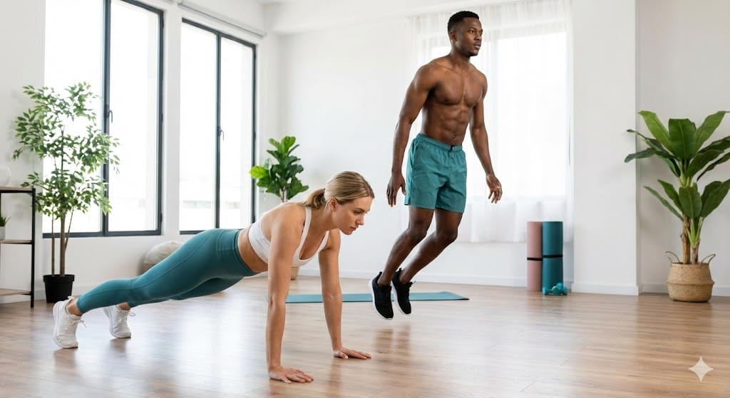 Man and woman performing burpees during an at-home bodyweight HIIT workout in teal activewear