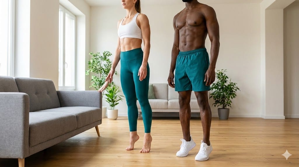 Man and woman in teal Sanook Fit activewear performing standing calf raises together at home