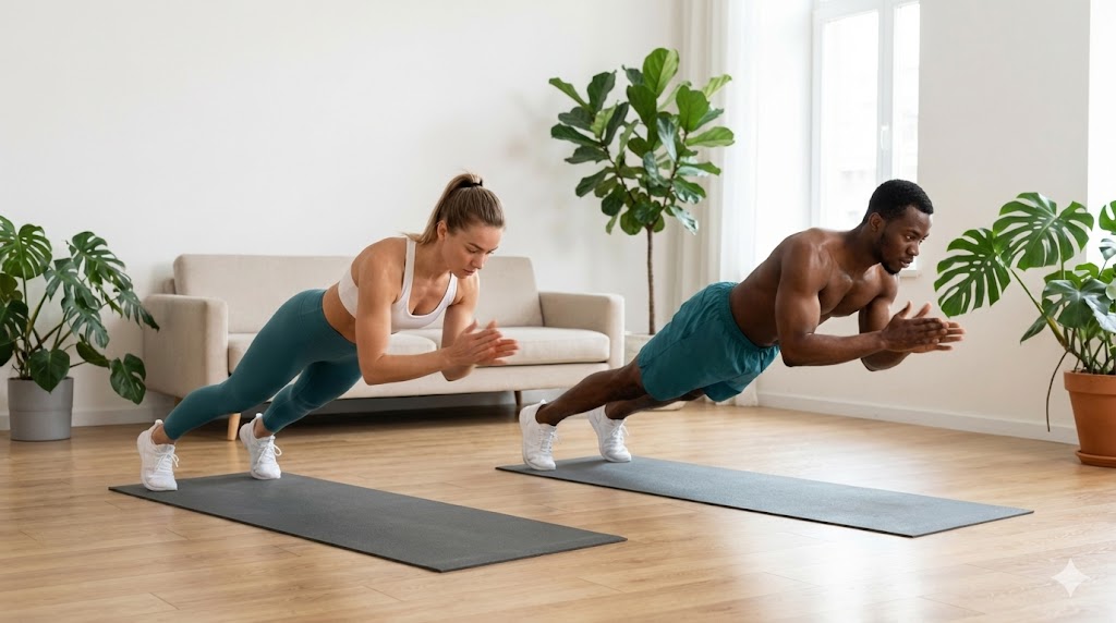 Person doing an explosive clap push-up at home with no equipment