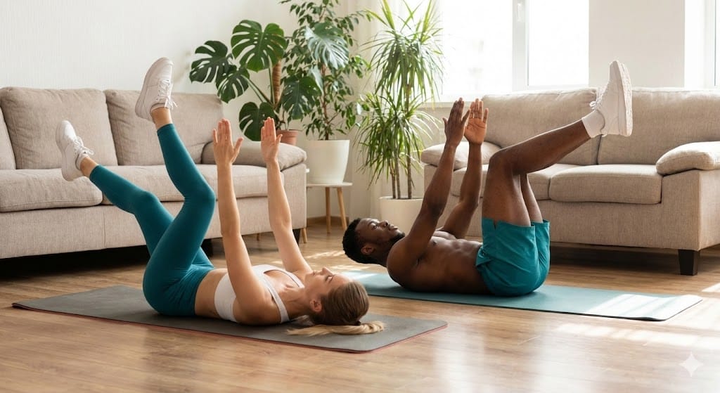 Person performing the dead bug exercise lying on their back with arms and legs raised at home