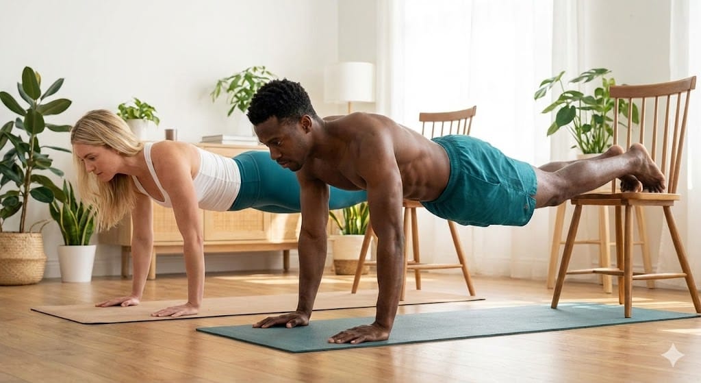 Person performing a decline push-up at home with no equipment