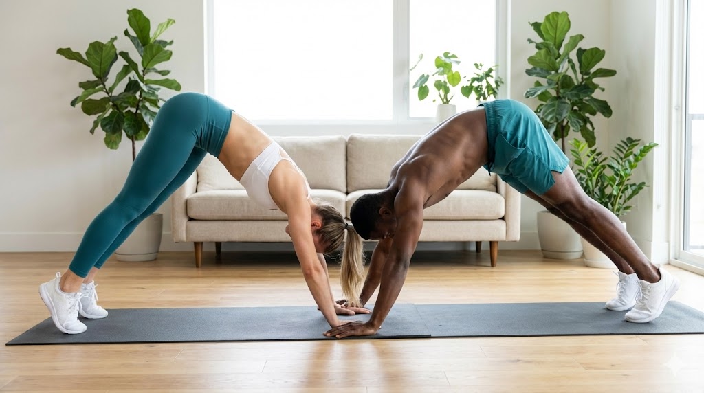 Person performing a dive bomber push-up at home with no equipment