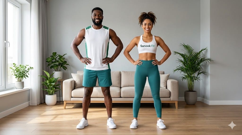 Two people doing an upper body workout at home with no equipment, in teal and orange Sanook Fit colours