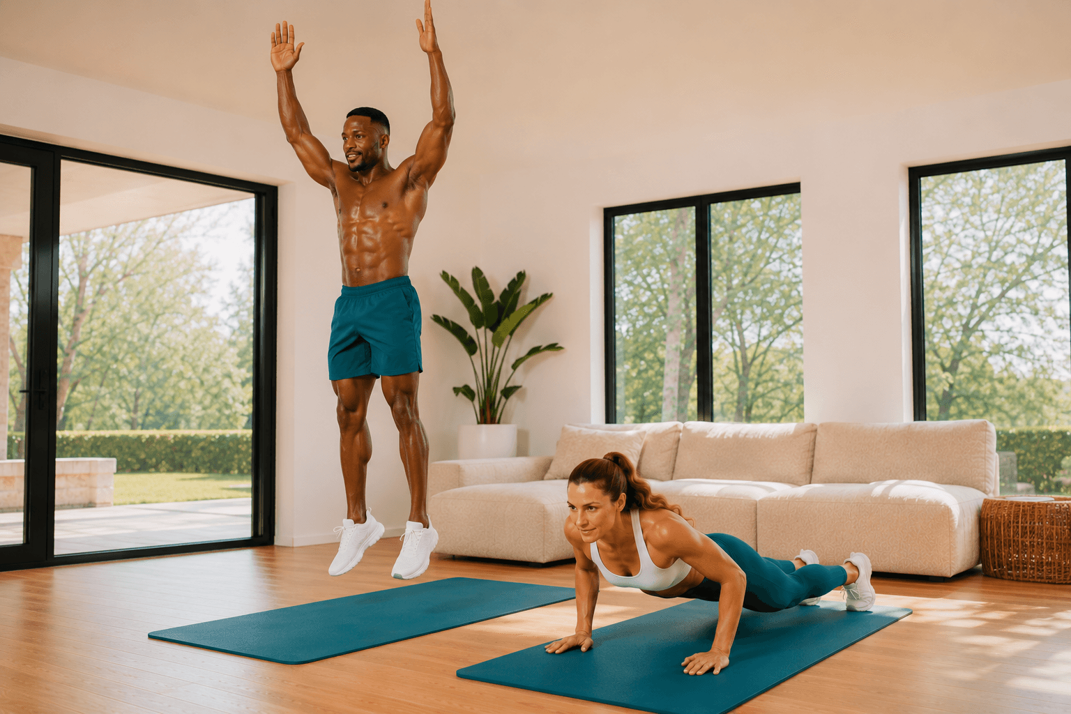 Man and woman performing a full-body bodyweight workout at home.