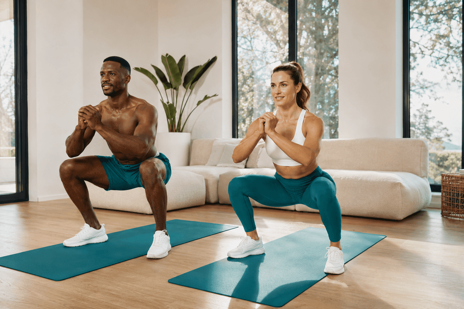 A man and woman in teal Sanook Fit activewear performing bodyweight squats together during a home workout, staying motivated to exercise.