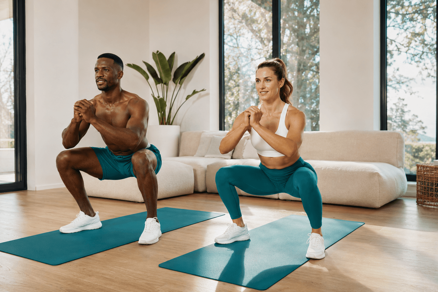 Man and woman performing bodyweight squats together during a home workout.