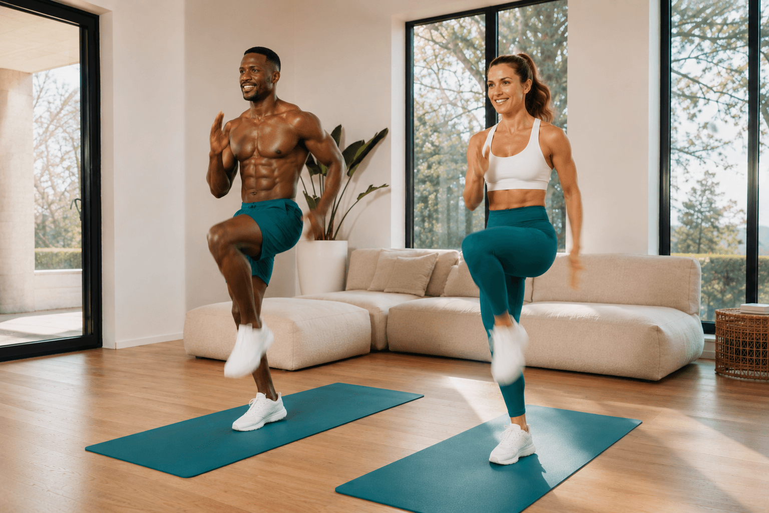 Man and woman in teal Sanook Fit activewear performing high knees during an at-home HIIT workout with no equipment