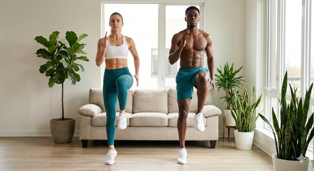 Beginner marching in place for gentle cardio at home with no equipment