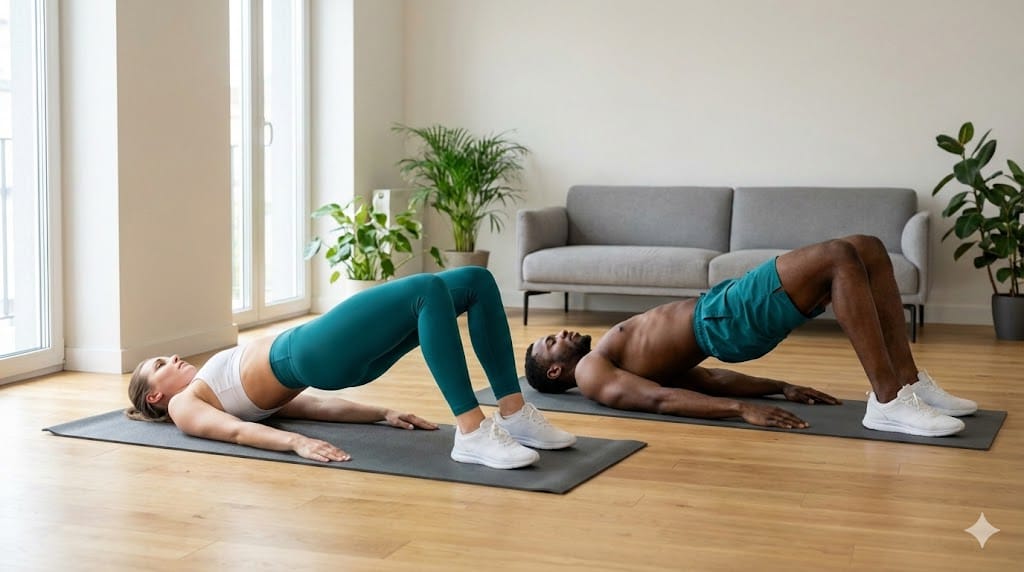 Man and woman performing glute bridges on exercise mats at home in teal Sanook Fit activewear