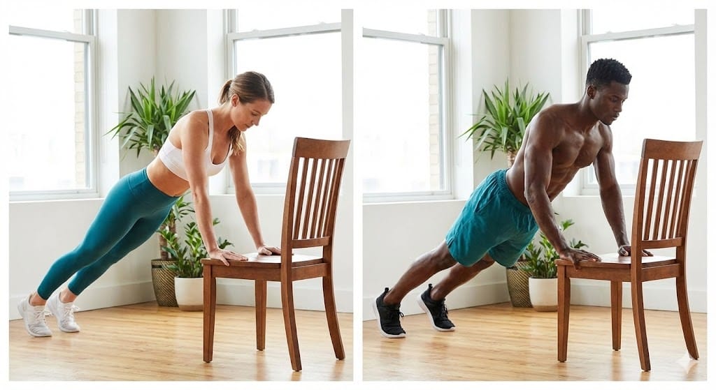 Beginner performing an incline push-up against a raised surface with no equipment