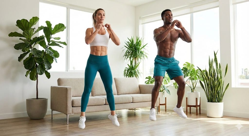 Person performing a jump squat during a home workout
