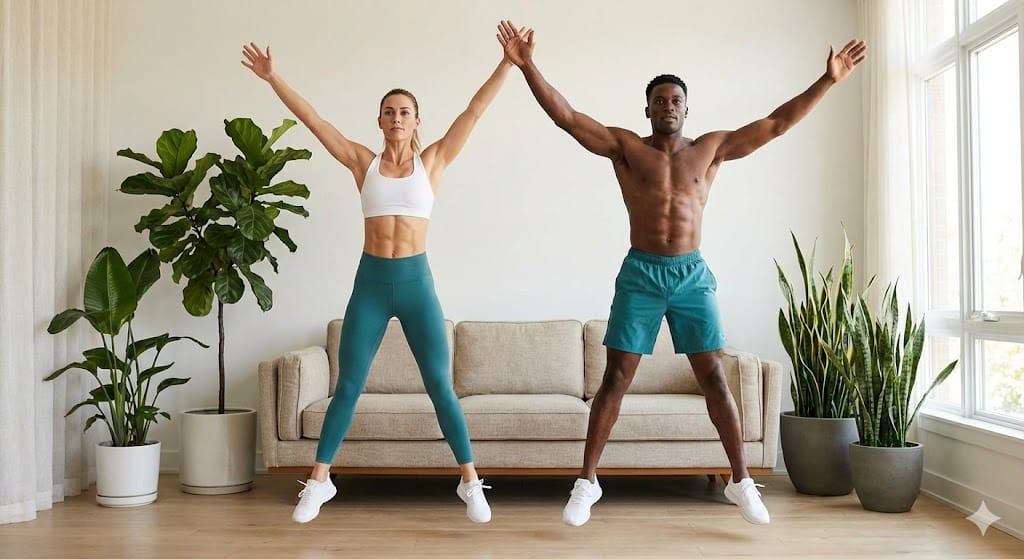 Jumping Jacks — a bodyweight exercise demonstrated for an at-home workout.