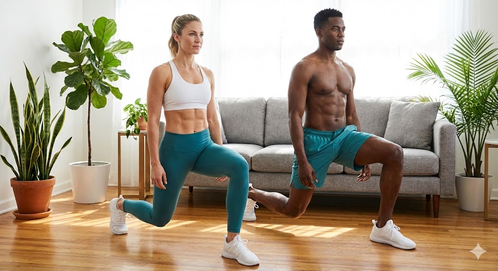 Person performing a forward lunge at home with no equipment