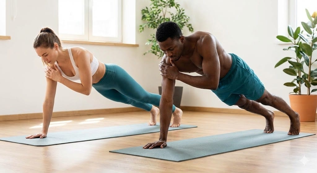 Person performing plank shoulder taps at home with no equipment