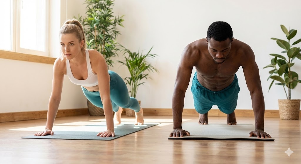 Progressive overload bodyweight push-up demonstrated at home for upper-body strength.