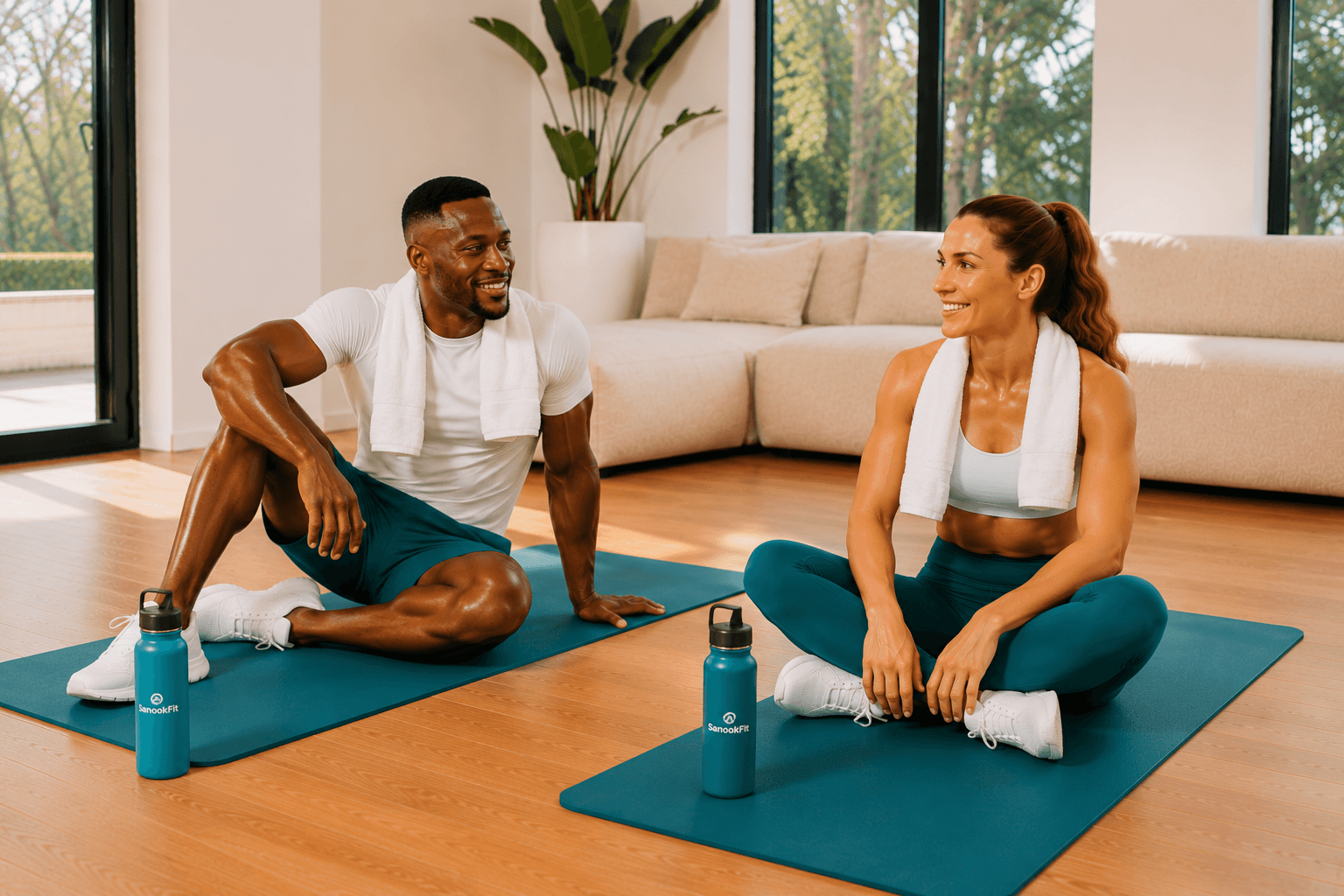 A man and woman resting and recovering after a home HIIT workout with towels and water bottles