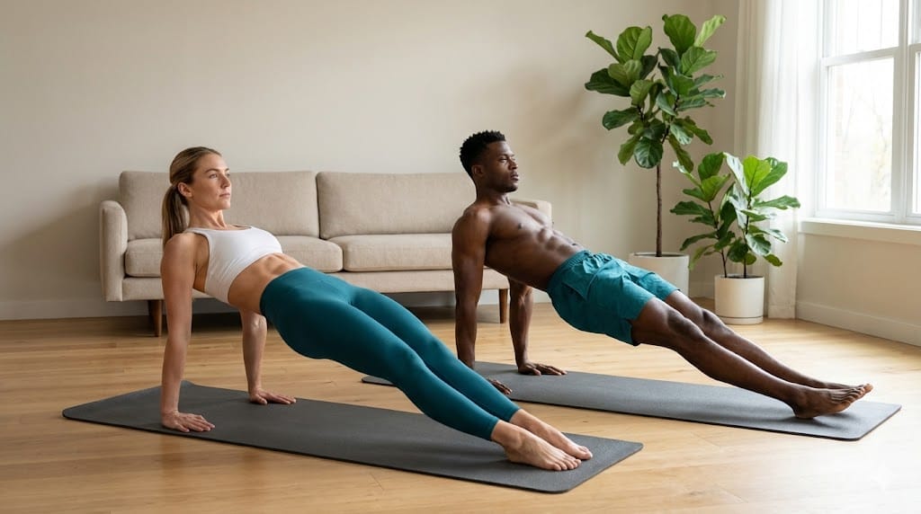 Two Sanook Fit athletes training together at home, motivated and consistent