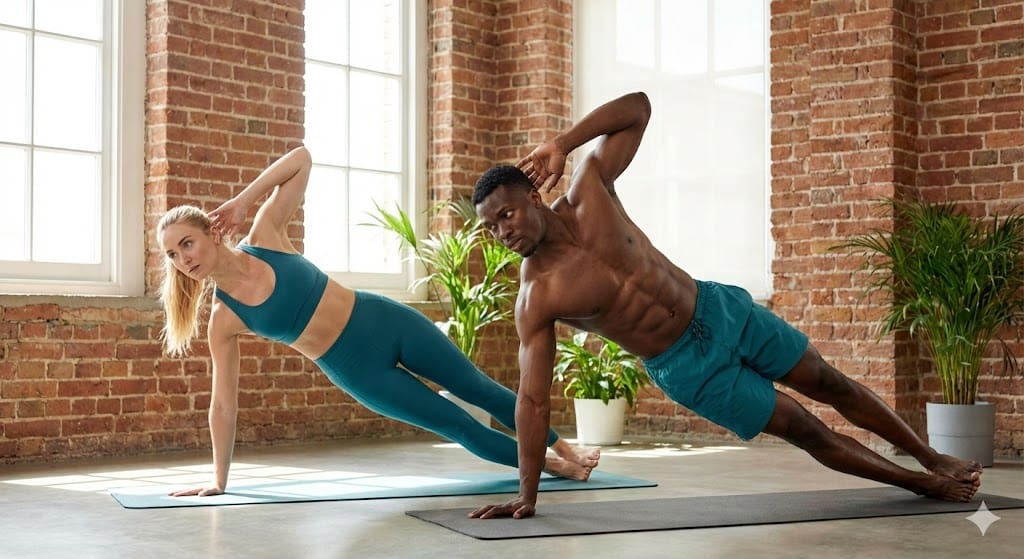 Two athletes holding side planks engaging their obliques during an at-home core session