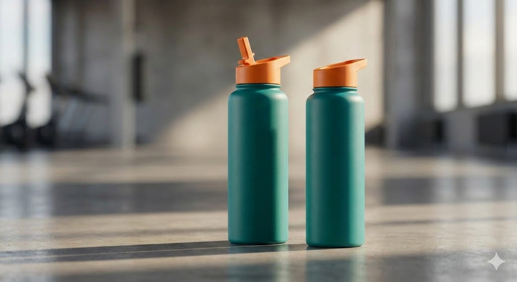 Two teal Sanook Fit water bottles with orange lids — staying hydrated supports your home workout nutrition.