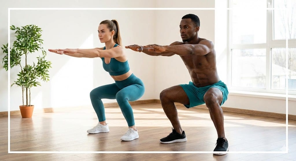Beginner performing a bodyweight squat at home with no equipment