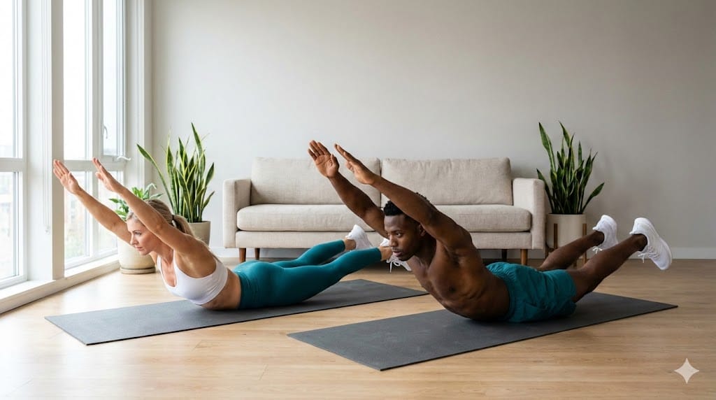 Athletes holding a low bear hold position with knees hovering above the floor at home