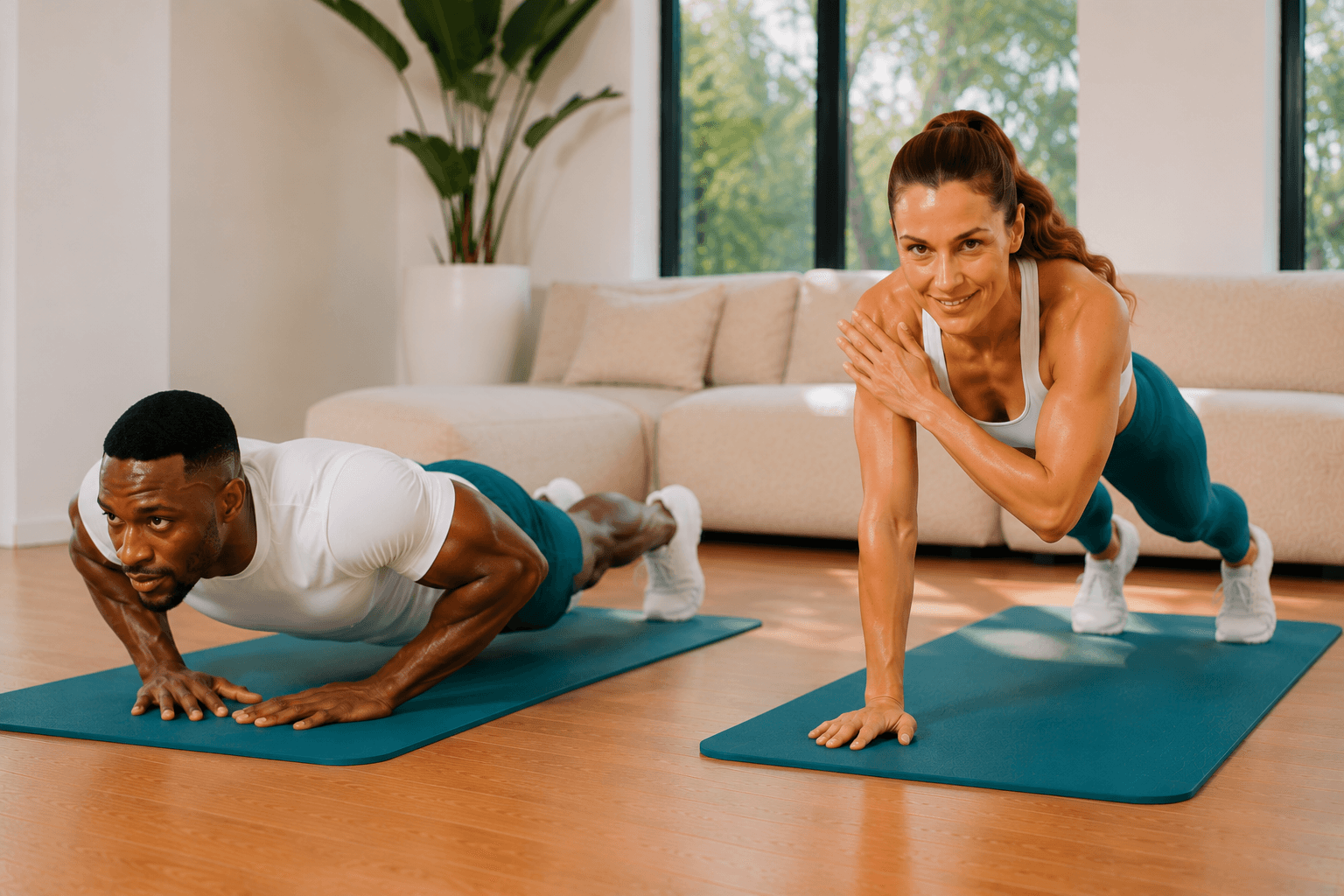 Man and woman performing upper-body bodyweight exercises at home.