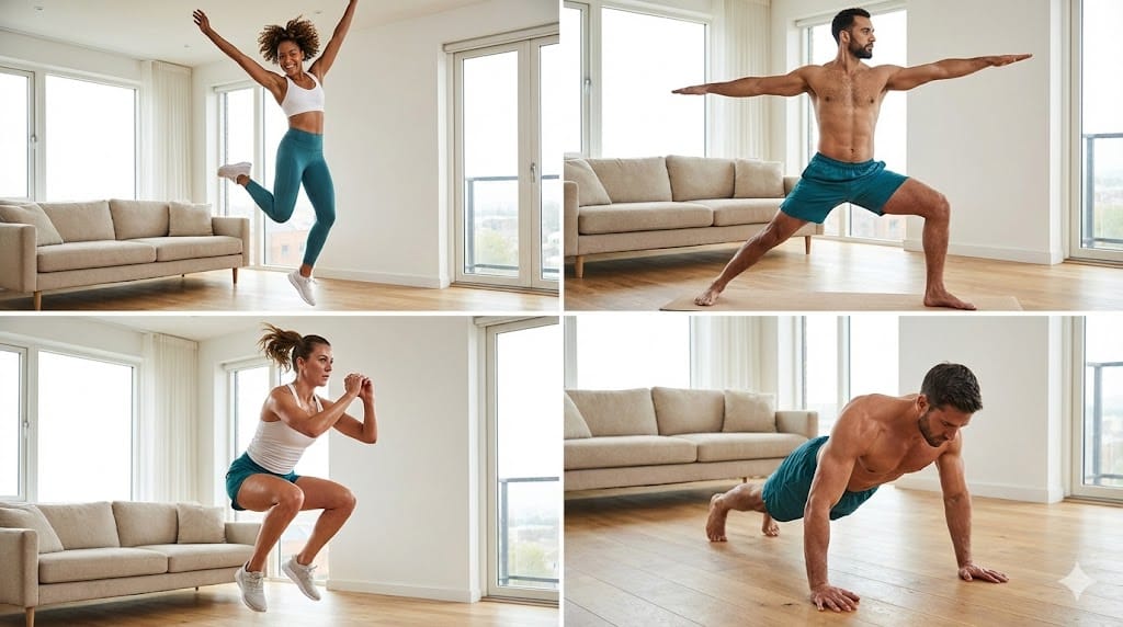 Four-panel grid of people doing varied bodyweight exercises — jumping, lunging, squatting and push-ups — in bright home settings