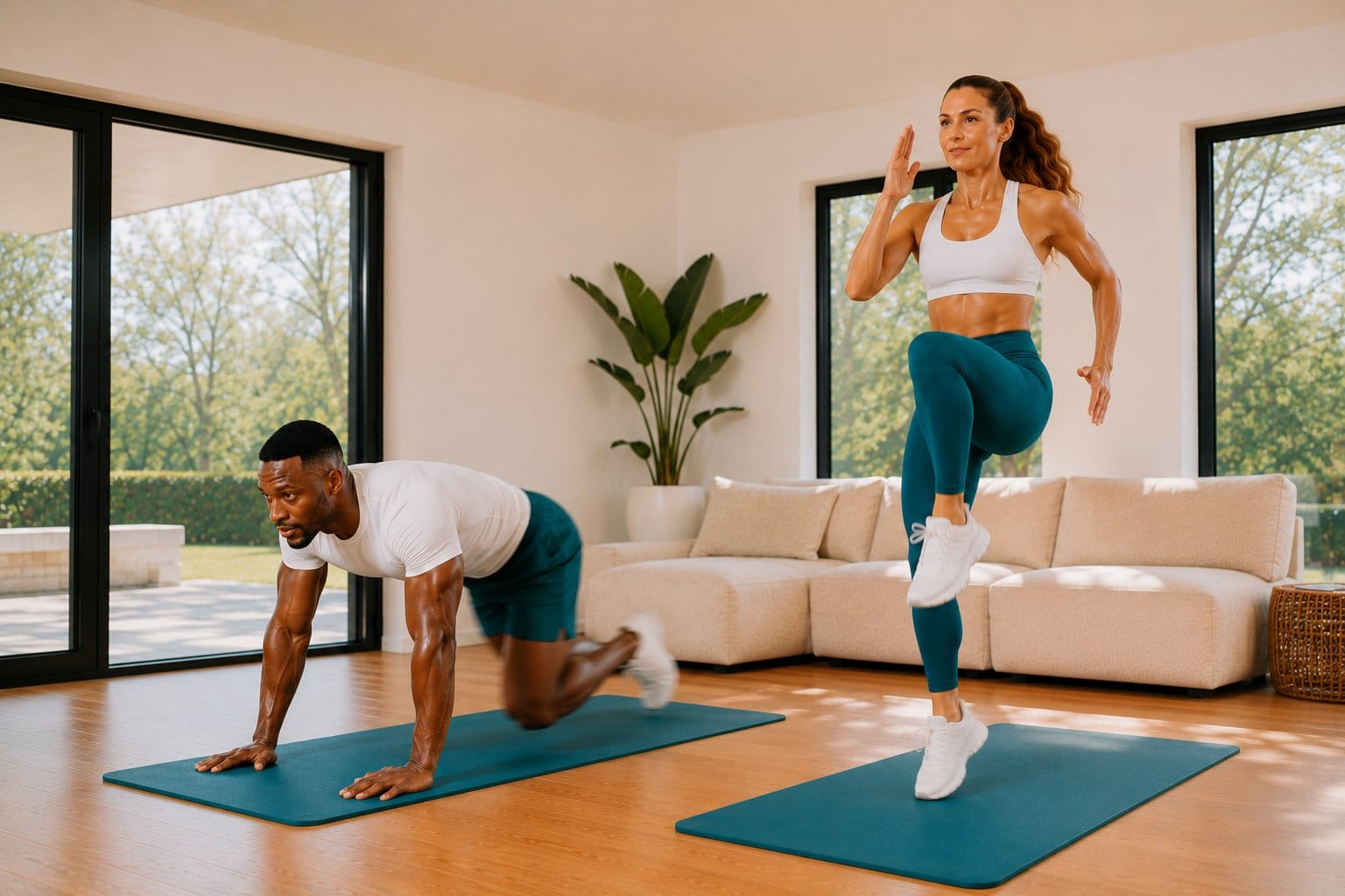 A man and woman performing high-intensity mountain climbers and high knees during a 10-minute workout at home, no equipment, teal activewear.